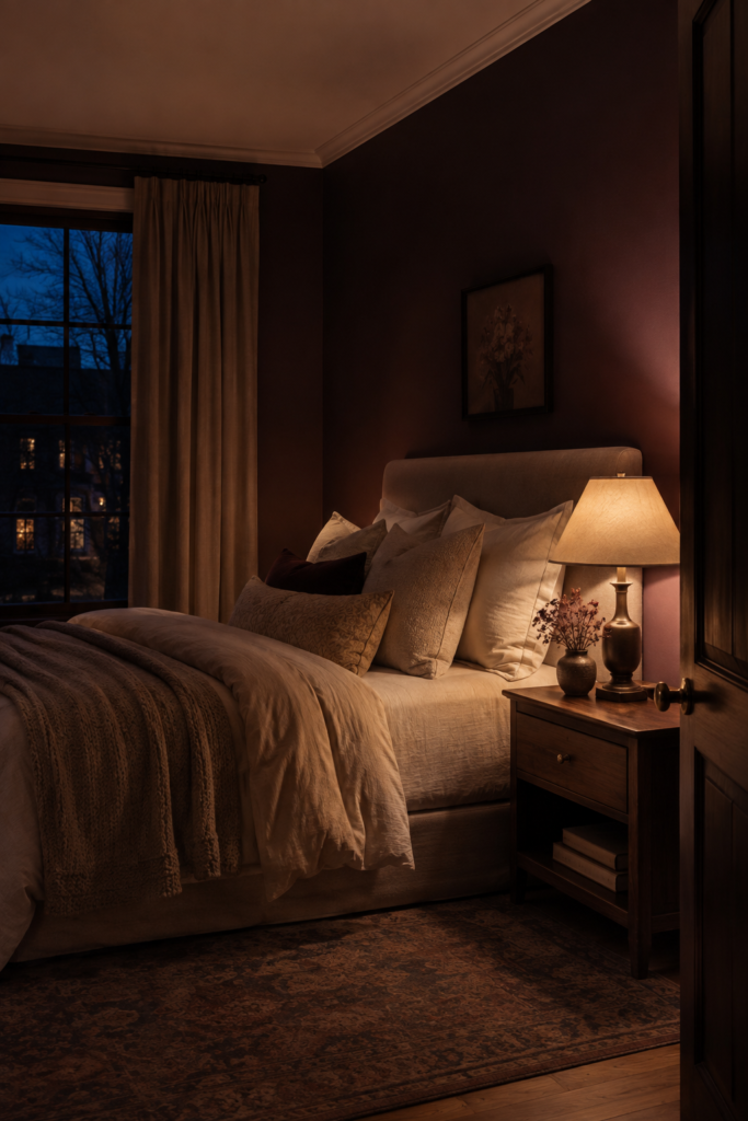 Moody dark feminine bedroom at evening with warm bedside lighting, cream bedding, and deep plum walls.