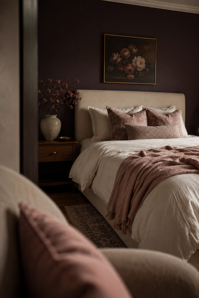 Muted dusty rose pillows and soft blush accents paired with cream bedding in a moody dark feminine bedroom.