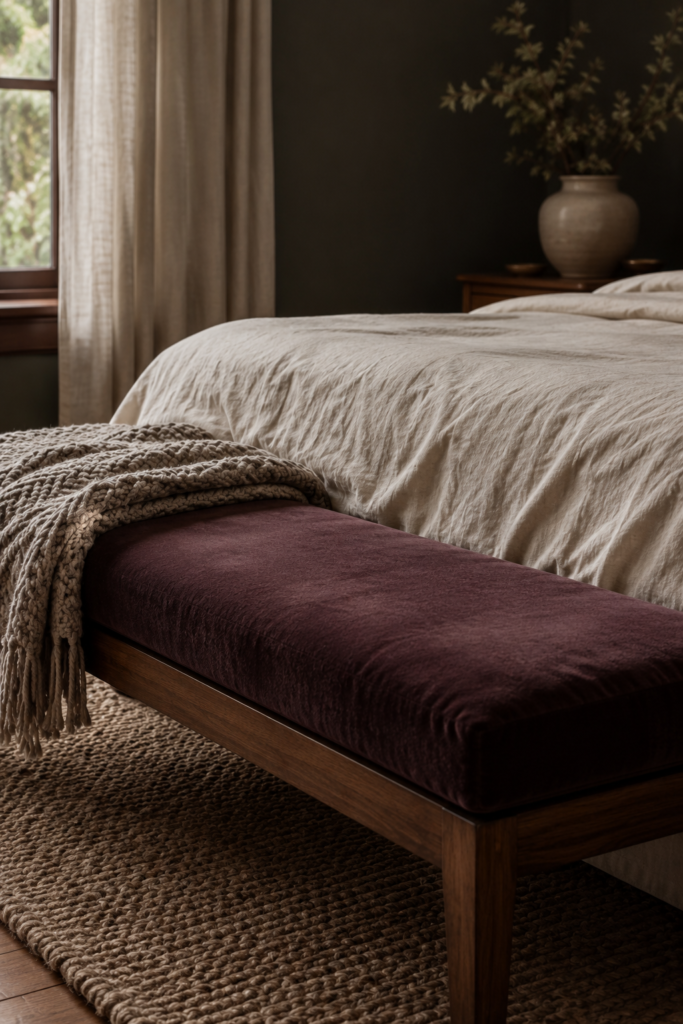 Plum velvet bench, ivory linen bedding, and textured textiles layered in a cozy dark feminine bedroom.
