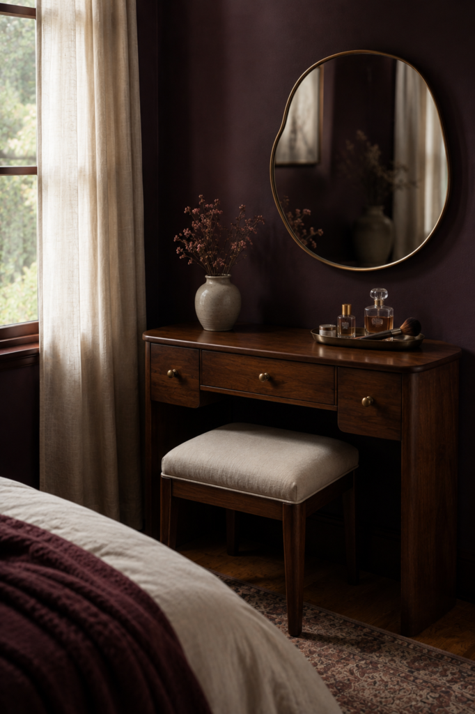 Small walnut vanity with an organic mirror and upholstered stool in a cozy dark feminine bedroom.