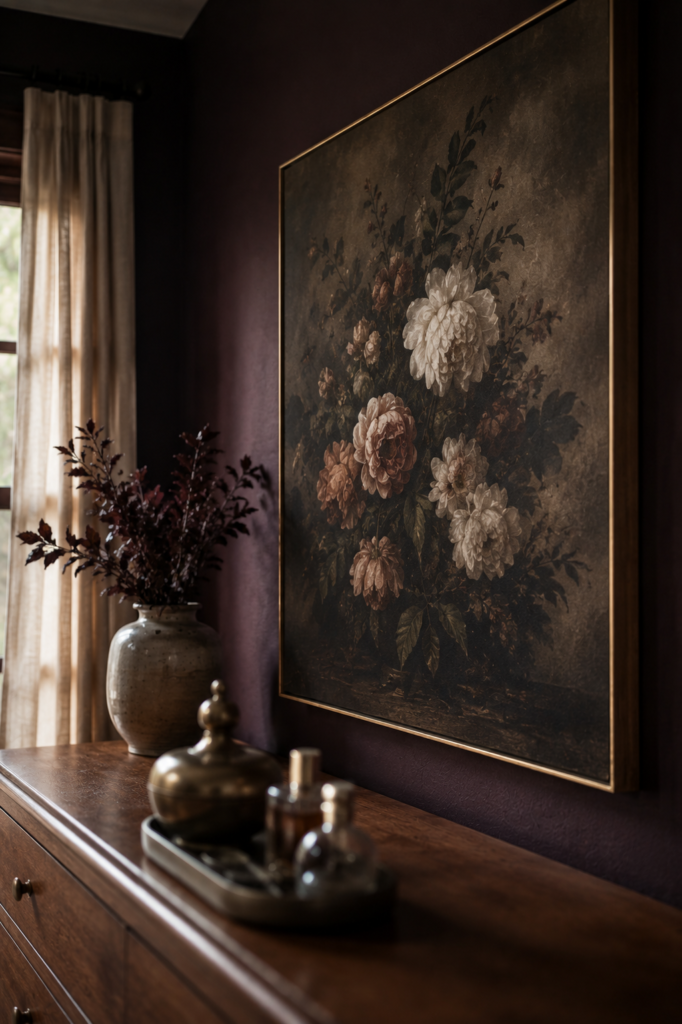 Vintage-inspired dark botanical artwork above a warm wood dresser in a moody feminine bedroom.