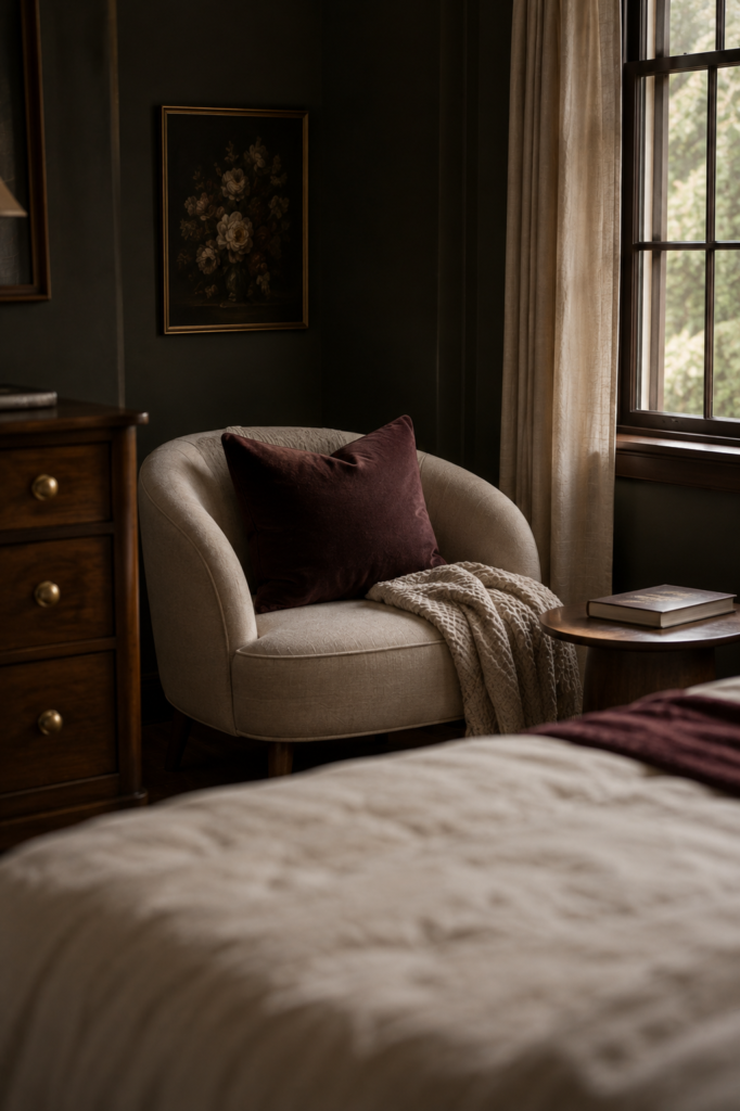 Cozy upholstered reading chair beside a window in a moody dark feminine bedroom.
