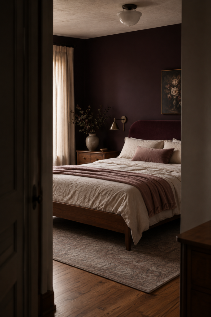 Balanced dark feminine bedroom with a deep plum accent wall, ivory bedding, warm wood furniture, and soft muted accents.