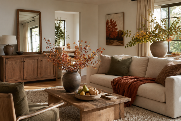 Warm and cozy living room decorated for fall with cream seating, rust textiles, muted pumpkins, natural wood, and autumn branches.