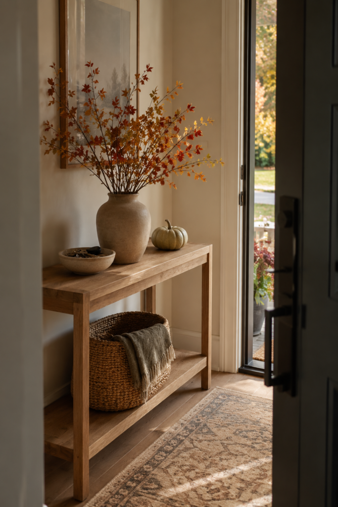 Warm fall entryway with a natural oak console, autumn branches, a muted pumpkin, and simple seasonal decor.
