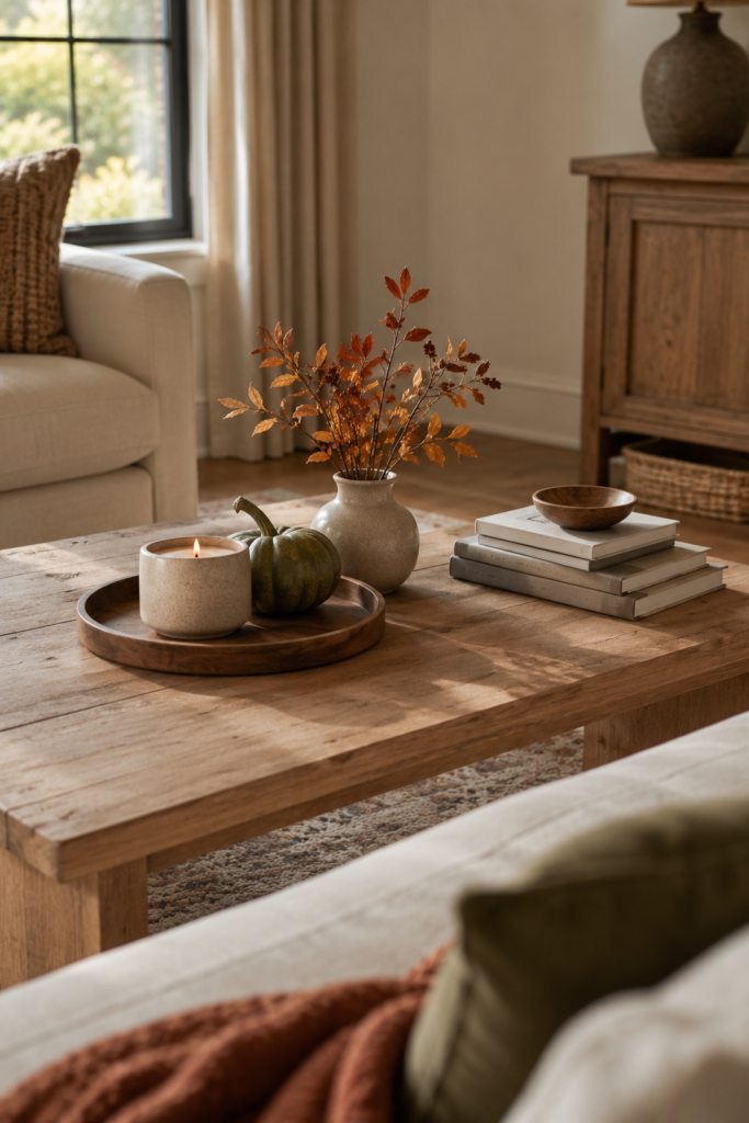 Cozy fall coffee table styled with a wooden tray, candle, muted pumpkin, books, and autumn stems.