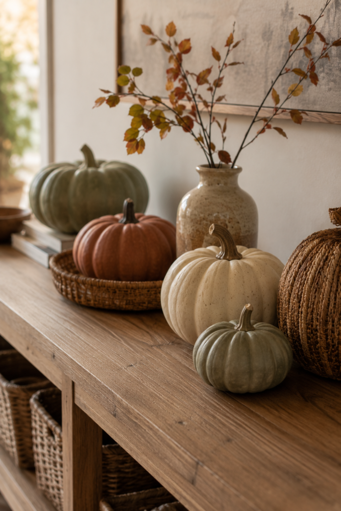 Elegant collection of cream, sage, terracotta, ceramic, woven, and wooden pumpkins styled for fall.