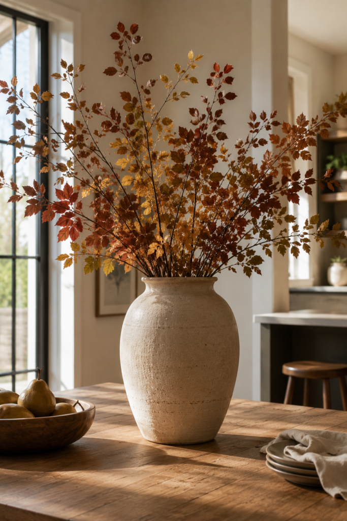 Large ceramic vase filled with muted autumn branches in rust, olive, and golden tones.