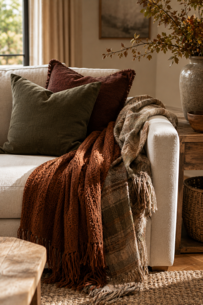 Cream sofa layered with a rust throw, olive and burgundy pillows, and cozy textured fall textiles.