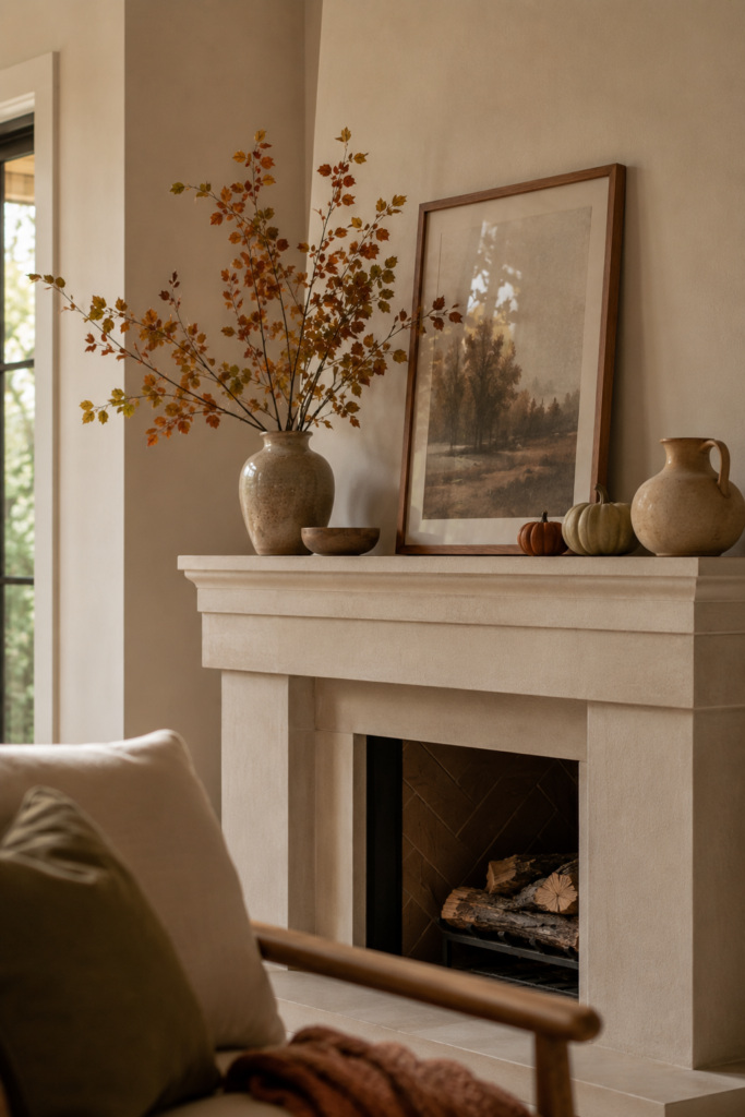 Simple fall fireplace mantel with framed artwork, muted pumpkins, ceramic decor, and autumn branches.