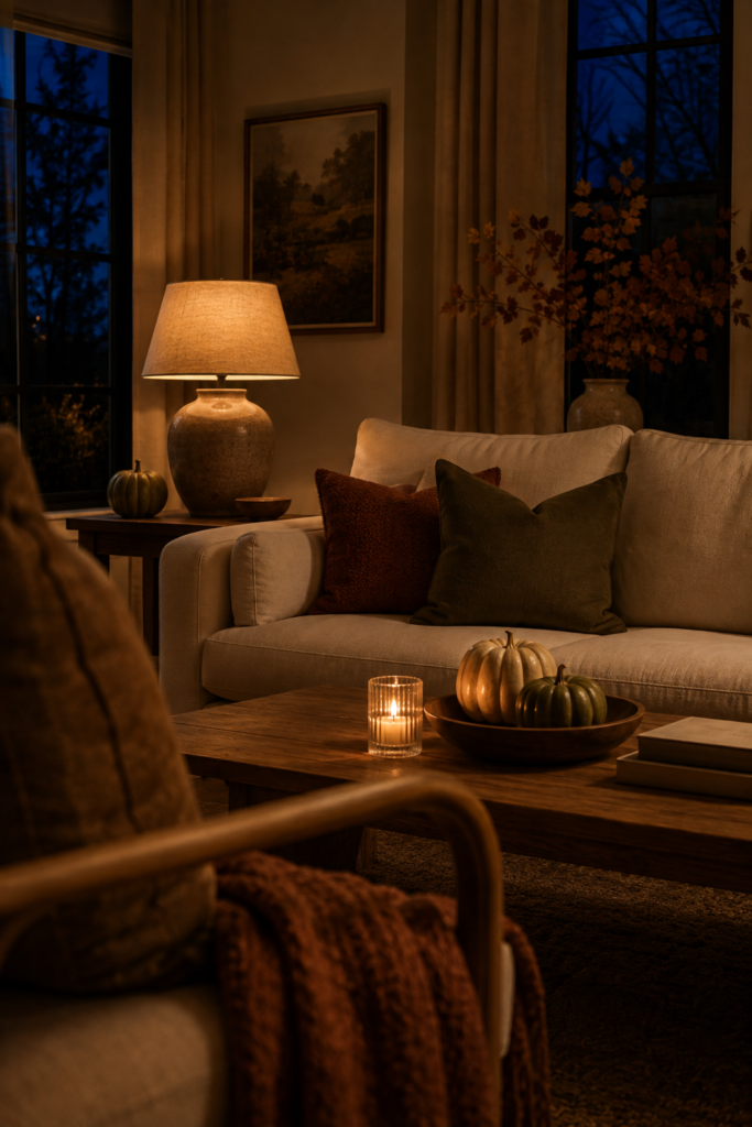 Cozy living room on a fall evening with warm table lighting, a candle, autumn branches, and subtle seasonal decor.