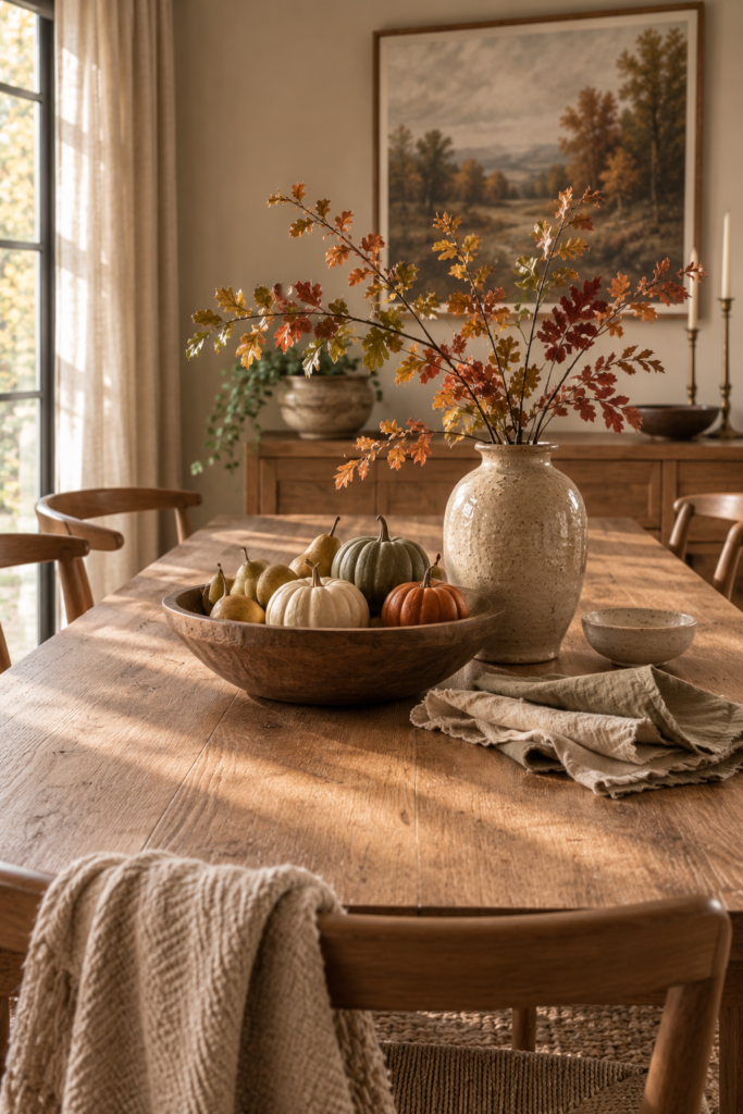 Fall dining table with a wooden bowl of pears and pumpkins, linen napkins, and autumn branches.