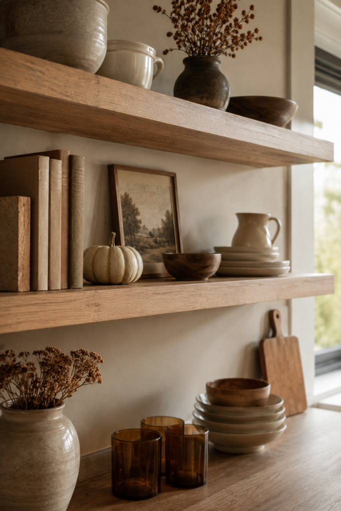 Open shelves styled for fall with cream ceramics, amber glassware, books, muted pumpkins, and dried stems.