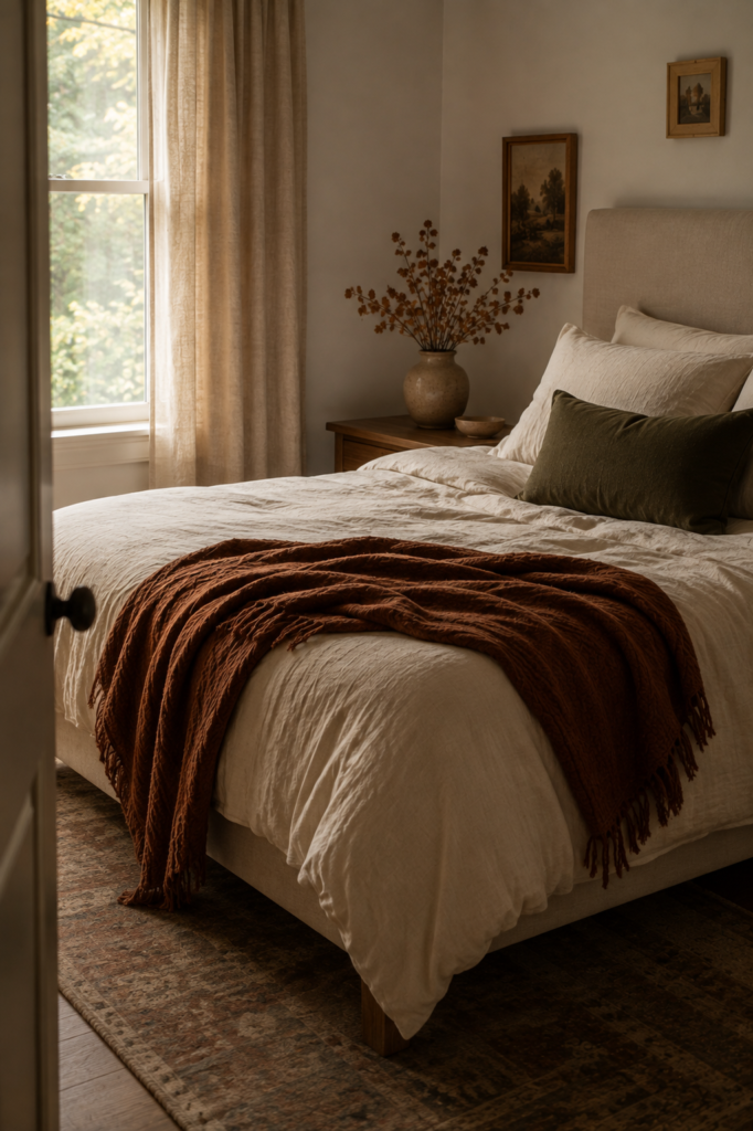 Cozy fall bedroom with cream linen bedding, a rust throw, olive accents, warm wood furniture, and dried stems.