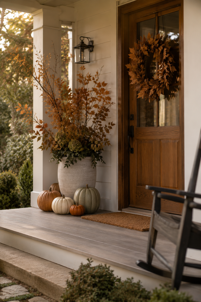 Elegant fall front porch with muted pumpkins, a simple autumn wreath, and seasonal branches beside the front door.