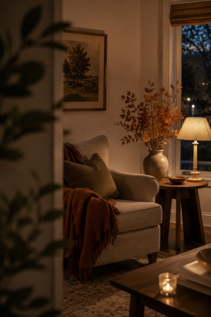 Cozy fall living room corner with an upholstered chair, rust throw, warm lamp, wood side table, and autumn branches.