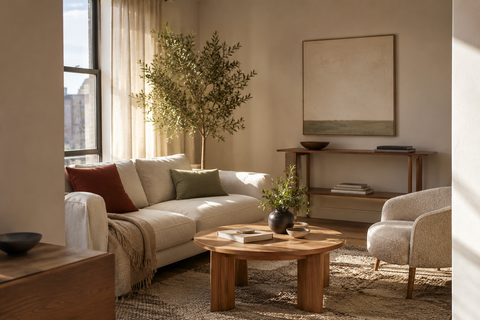Stylish American apartment living room with compact cream seating, natural oak furniture, layered textures, and warm neutral decor.