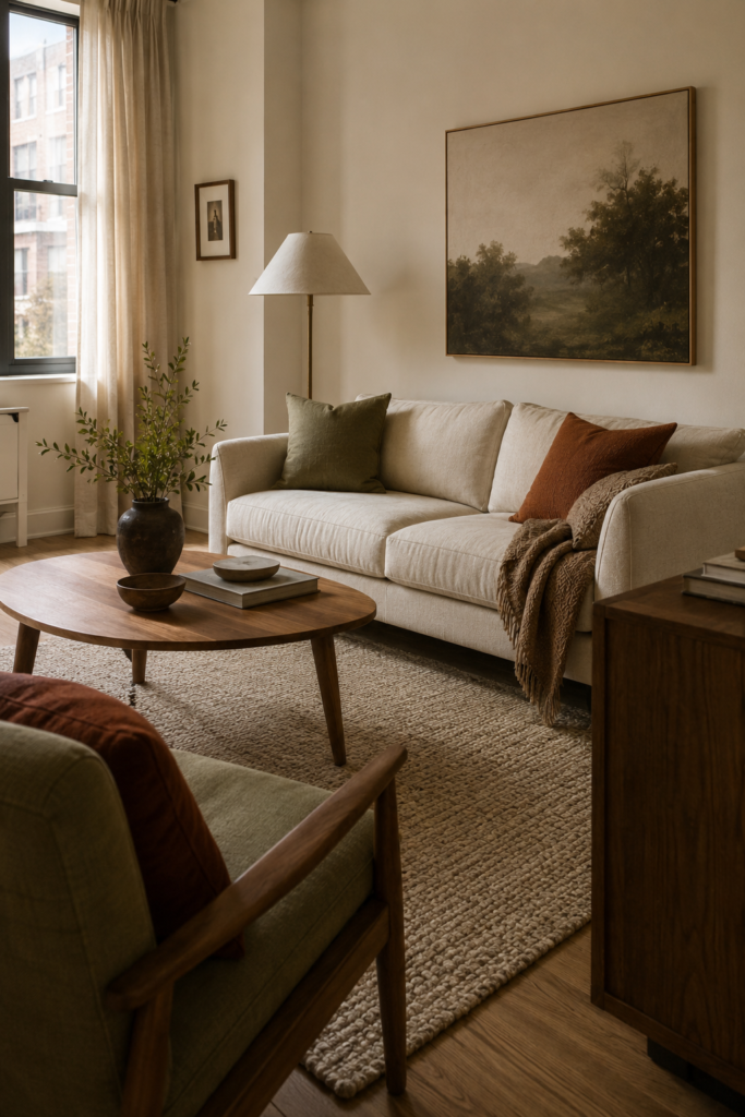 Cozy apartment living room with a cream sofa, warm wood coffee table, textured rug, and subtle earthy accents.