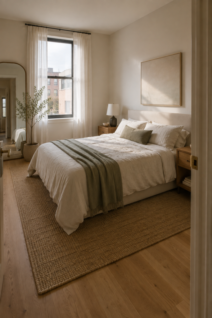 Small apartment bedroom with light linen bedding, narrow nightstands, soft curtains, and a large mirror.