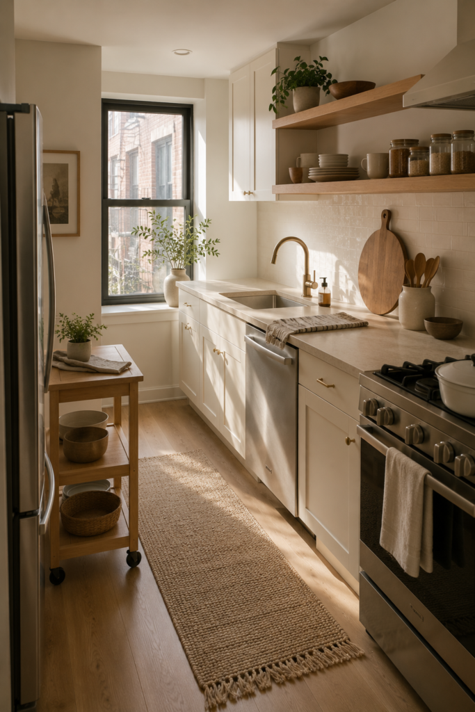 Functional small apartment kitchen with warm white cabinets, oak shelving, ceramic storage, and clear countertops.