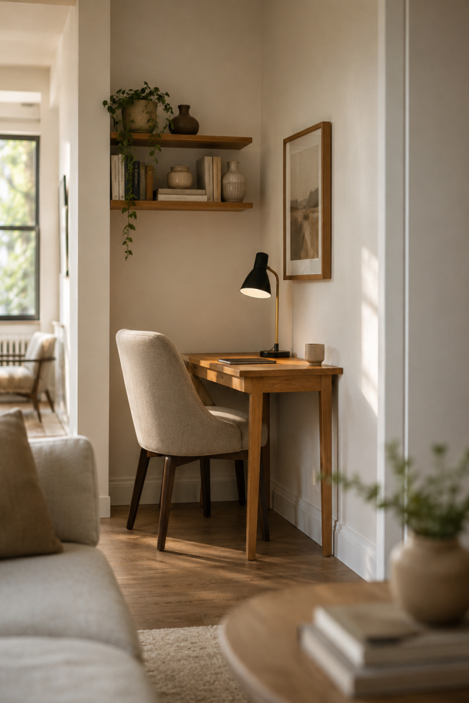 Compact apartment home office with a narrow wood desk, upholstered chair, wall shelf, books, and simple decor.