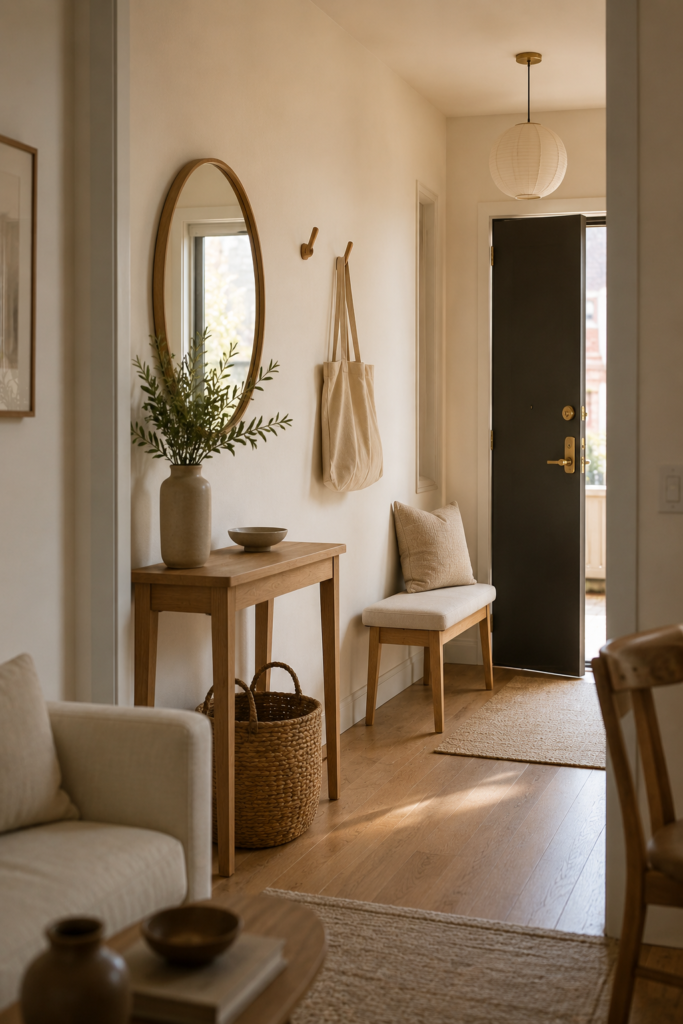 Welcoming apartment entryway with a slim oak console, round mirror, woven basket, and simple everyday storage.