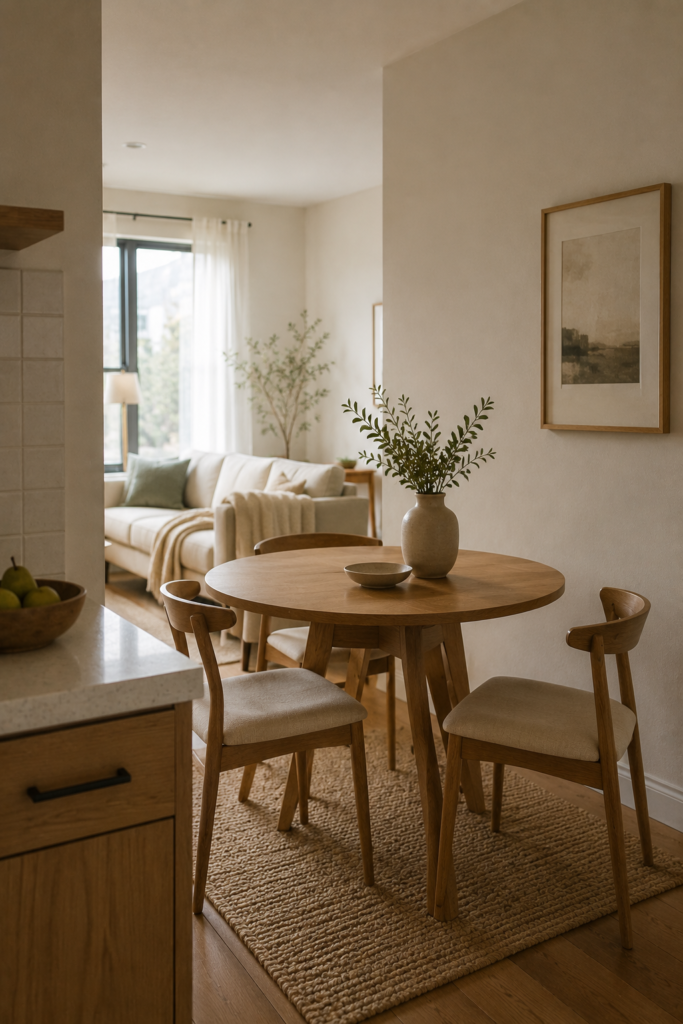 Small apartment dining area with a round wood table, comfortable chairs, ceramic vase, and textured rug.