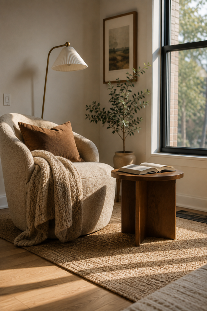 Relaxing apartment reading corner with a curved chair, open book, small wood table, floor lamp, and window light.