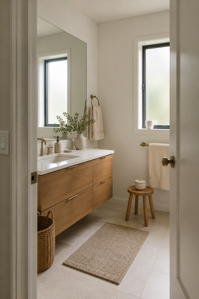 Small apartment bathroom with a floating oak vanity, large mirror, cream towels, and simple natural decor.