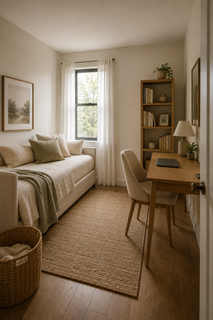 Flexible apartment room combining a cozy daybed, compact desk, bookshelf, and practical storage.