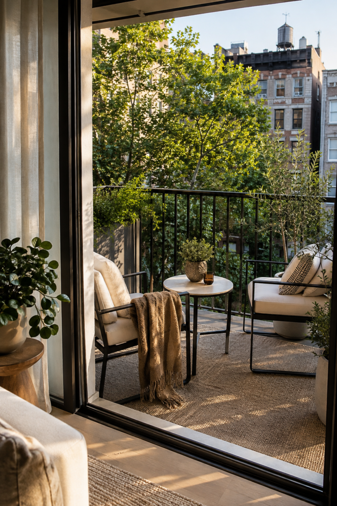Small apartment balcony styled as an outdoor living area with compact chairs, greenery, a rug, and a side table.