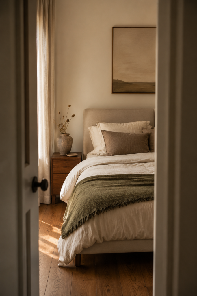 Calm apartment bedroom with cream linen bedding, muted olive accents, warm wood furniture, and soft natural light.