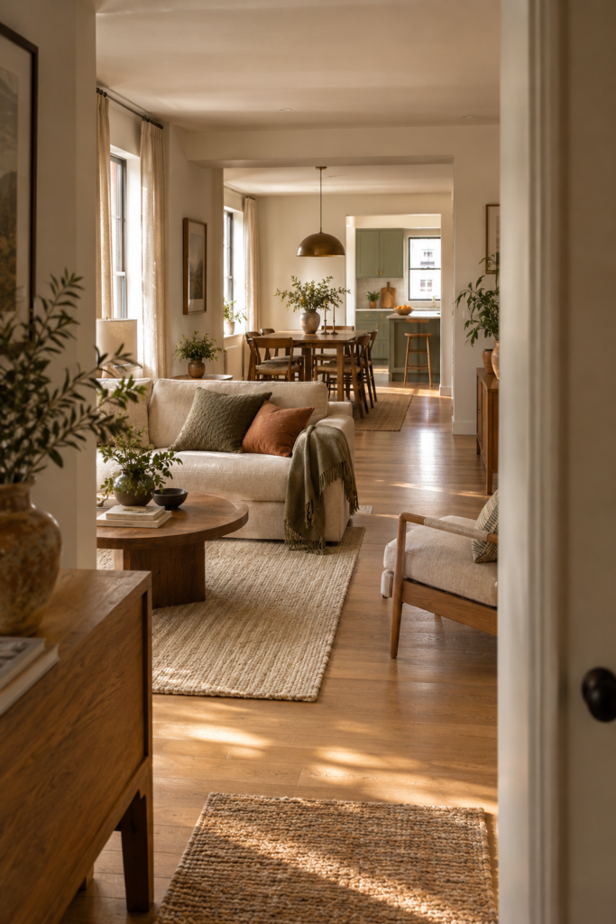 Stylish apartment viewed through connected rooms with cohesive warm wood, cream, olive, and terracotta decor.