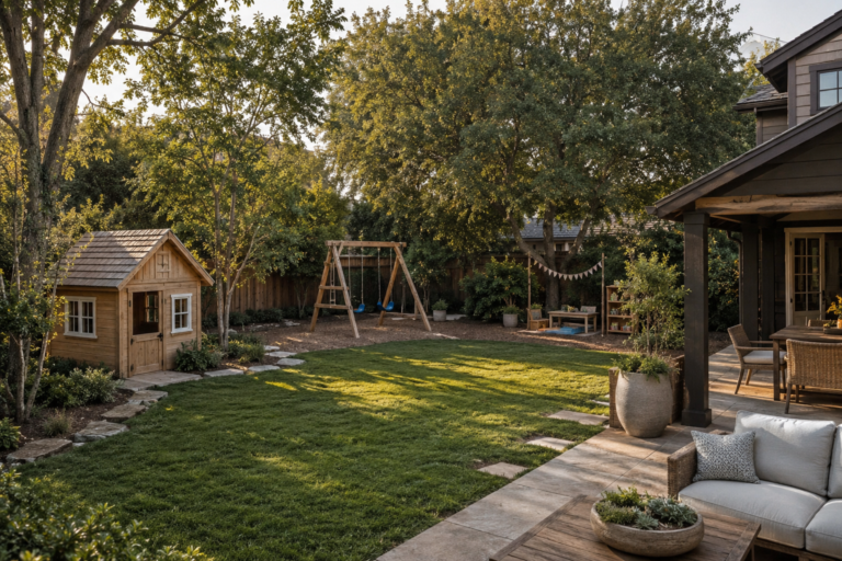 Beautiful American backyard with a children's playhouse, wooden swing set, open lawn, landscaping, and a small family patio area.