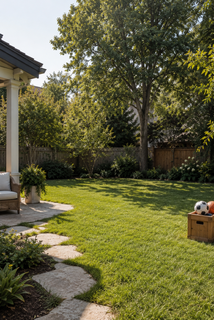 Open grassy backyard play area with space for children to run and play, framed by natural landscaping and a family patio.