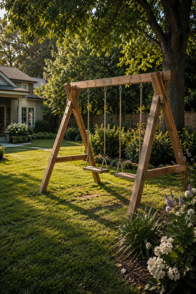 Compact natural wood swing set positioned in an open grassy area of a landscaped American backyard.