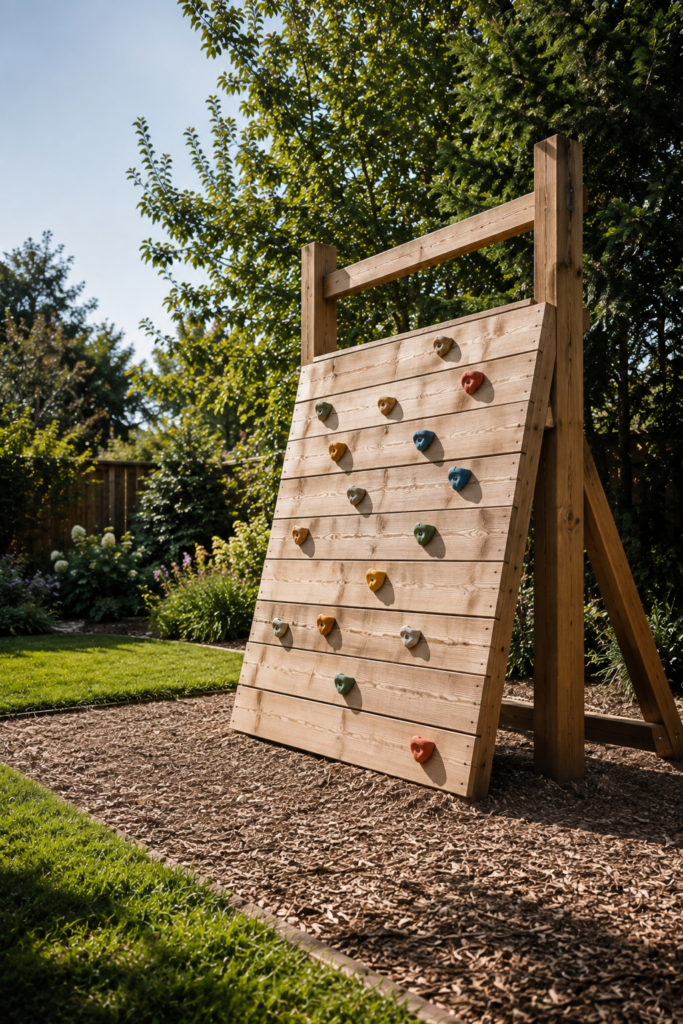 Small natural wood children's climbing wall integrated into a landscaped backyard with lawn and greenery.