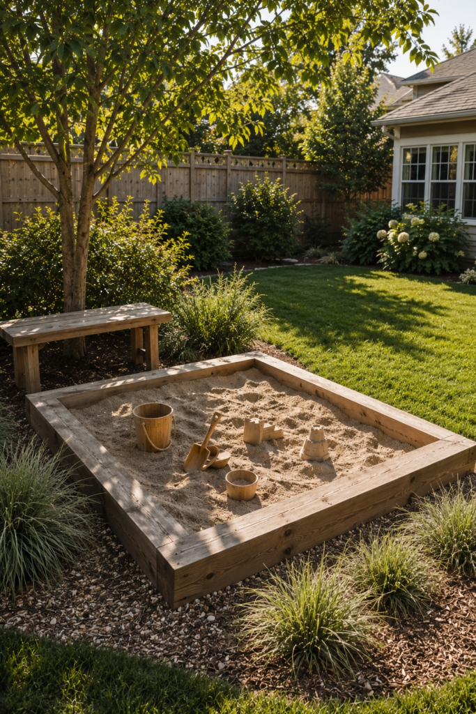 Wood-framed backyard sandbox with simple children's toys surrounded by lawn, ornamental grasses, and natural landscaping.