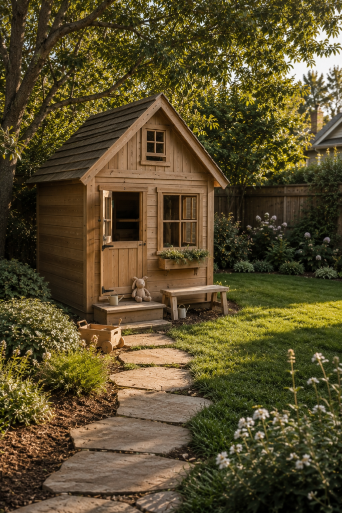 Small natural wood backyard playhouse with a miniature door, window, bench, lawn, and surrounding garden.