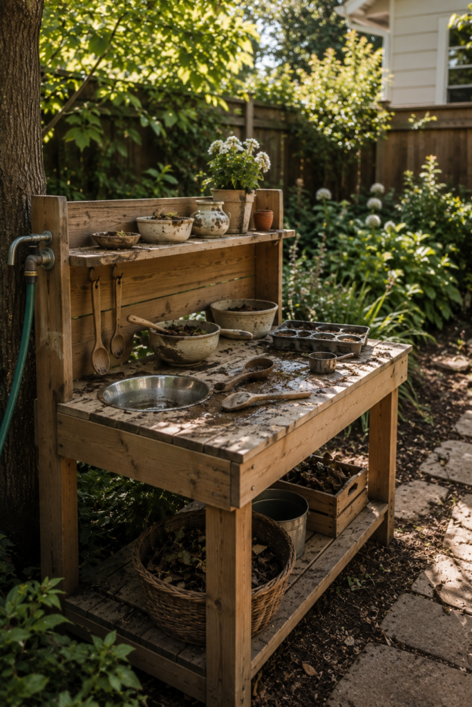 Natural wood outdoor mud kitchen with bowls, utensils, a basin, and garden materials in a backyard.