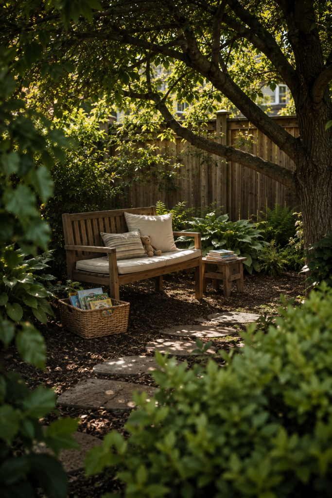 Shaded backyard reading corner with a small wooden bench, children's books, woven basket, and mature tree.