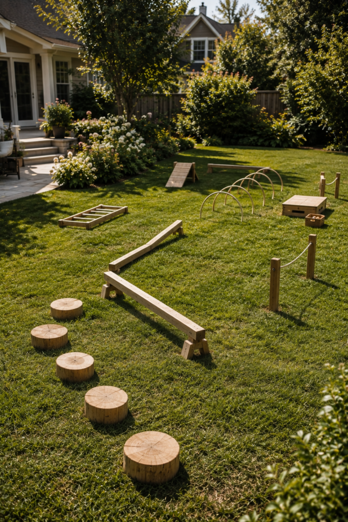 Simple children's backyard obstacle course with wooden stepping platforms, balance elements, hoops, and open lawn.
