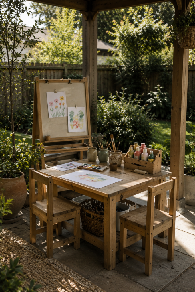 Outdoor children's art station with a wooden table, small chairs, drawing board, brushes, and art supplies.