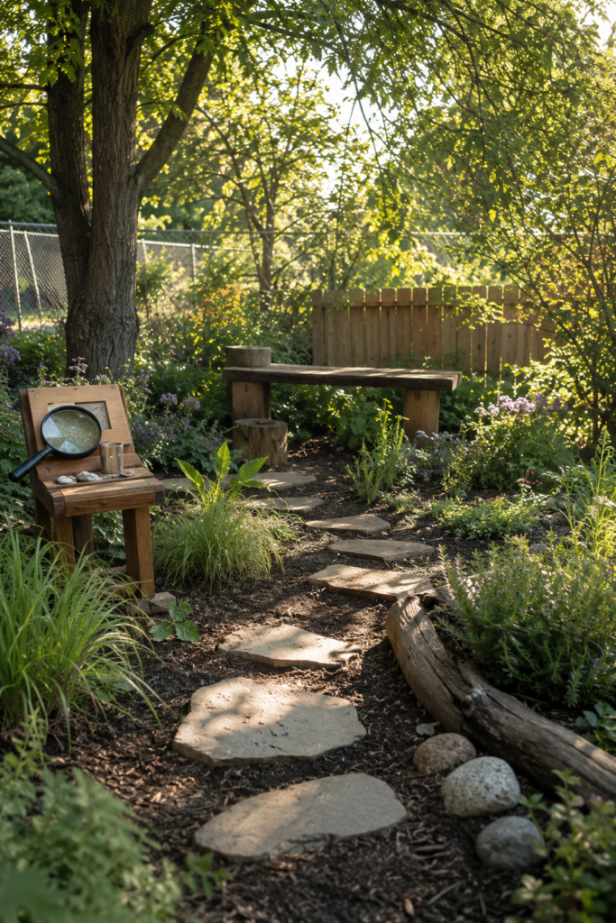 Children's nature exploration area with a small garden bed, stepping-stone path, wooden bench, flowers, and greenery.