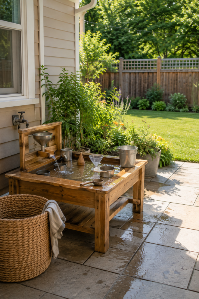 Simple backyard water play station with a wooden water table, shallow basin, cups, and greenery beside a family patio.