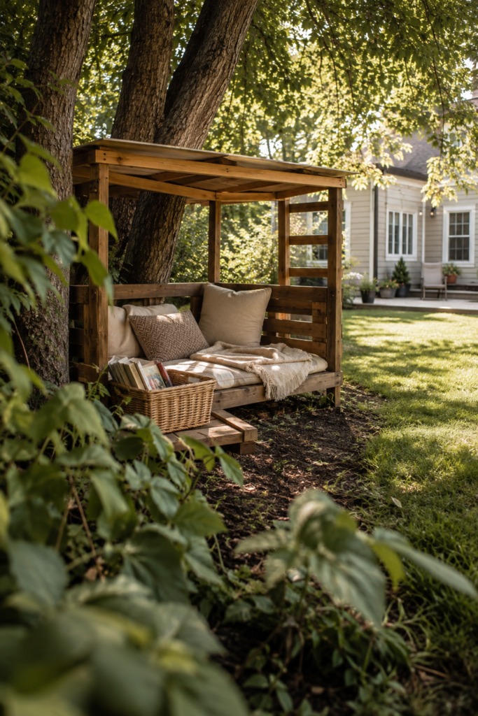 Cozy children's backyard fort with a simple wooden structure, neutral cushions, blanket, and books beneath mature trees.