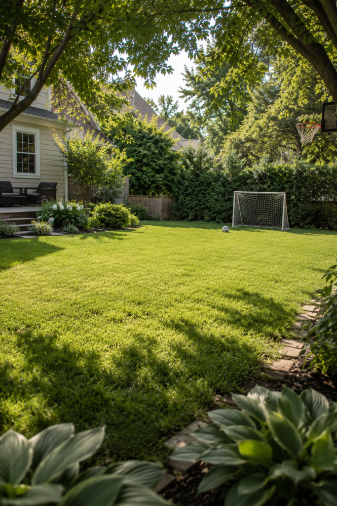 Open grassy backyard play area with a small soccer goal, ball, natural landscaping, and plenty of room for games.