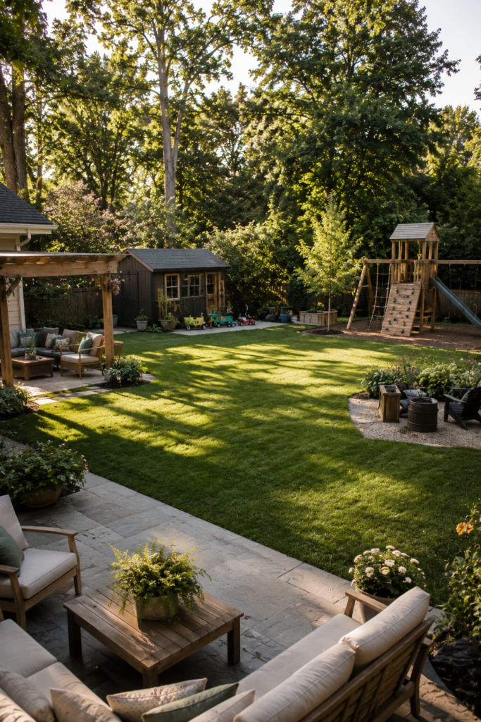 Flexible family backyard with open lawn, compact climbing structure, shaded seating area, and movable children's play elements.
