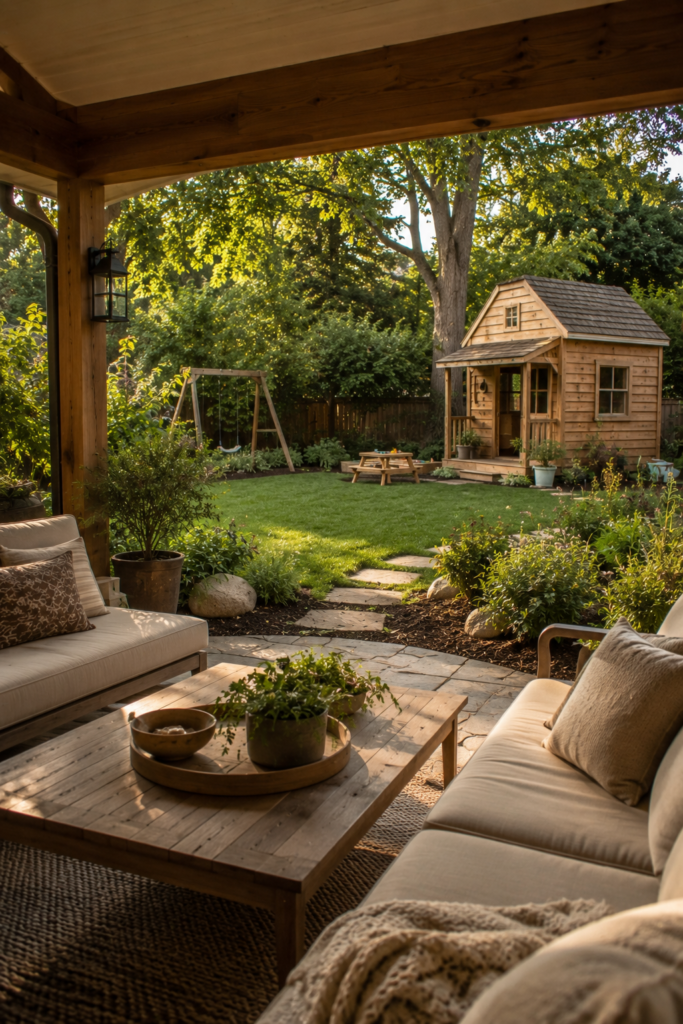 Family backyard with a natural wood playhouse and open lawn connected visually to a comfortable adult patio and landscaped garden.