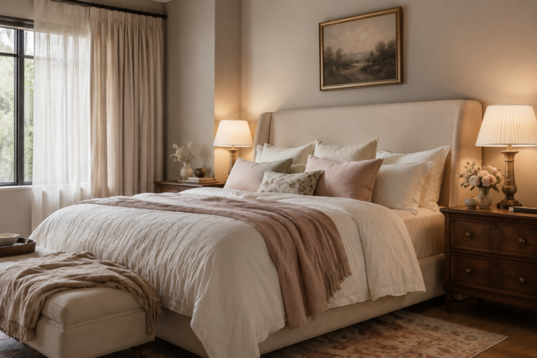 Elegant romantic bedroom with layered cream bedding, upholstered bed, dusty rose accents, warm wood furniture, flowers, and soft bedside lighting.